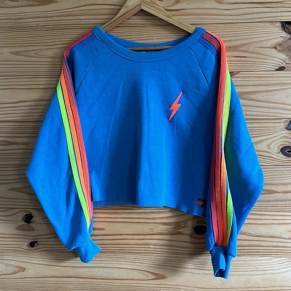 Aviator Nation💕 5 STRIPE Sweatshirt cropped - Ocean/Neon- RARE - Size L - NWT - Picture 5 of 7